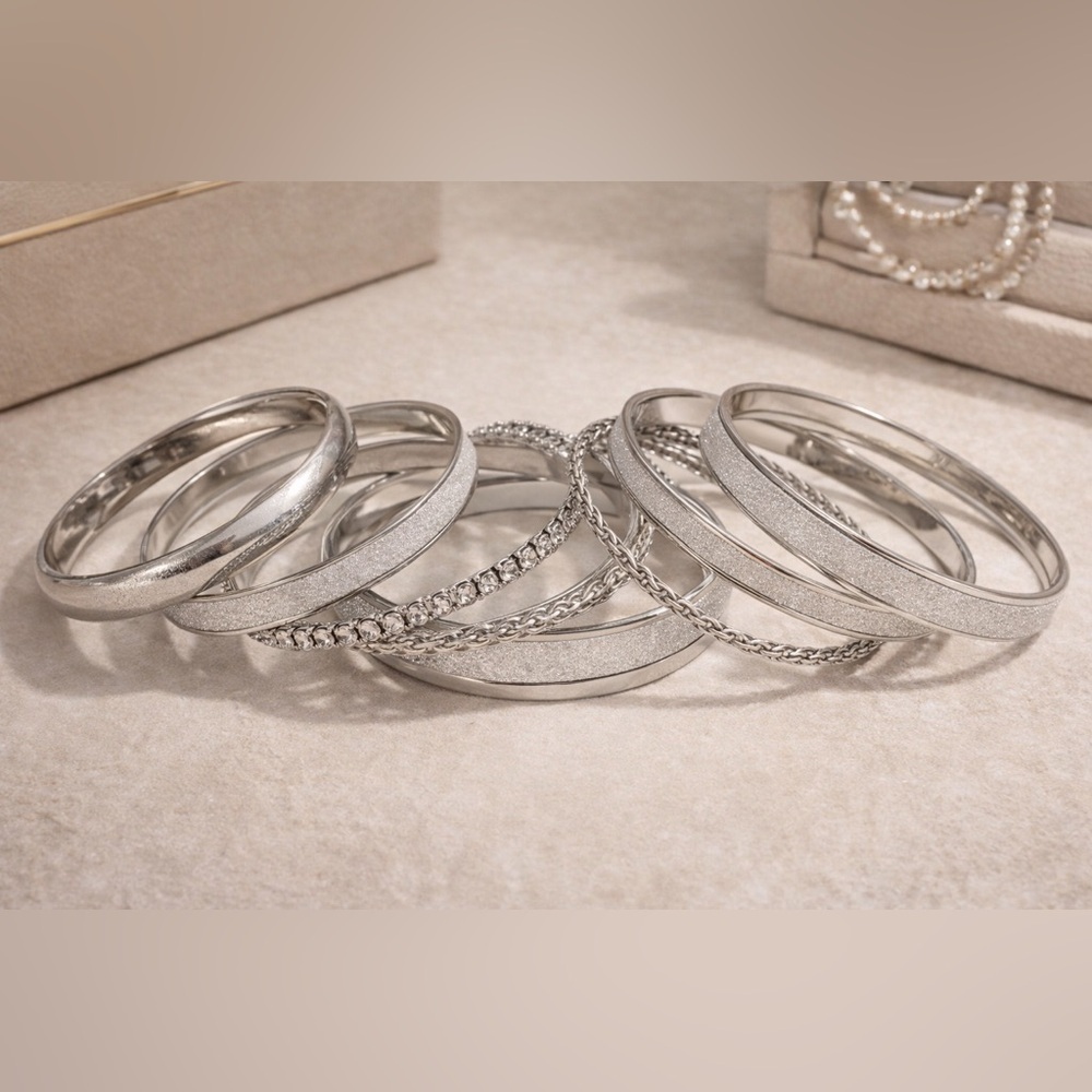 8 silver toned bangle bracelets Silver Stackable Women's Bangle Bracelet Set